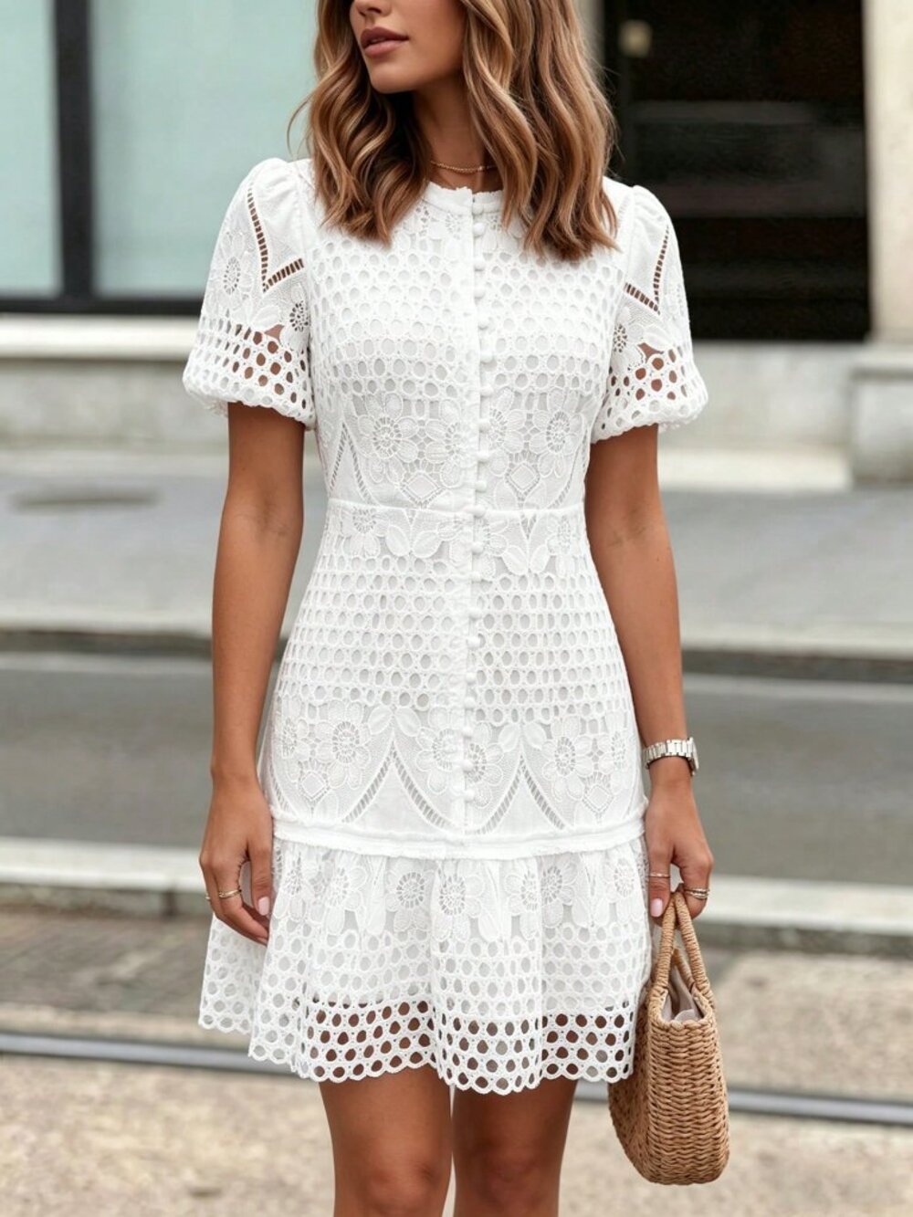 White Elegant Women's Embroidered Lace Puff Sleeve mini Dress - Picture 7 of 8